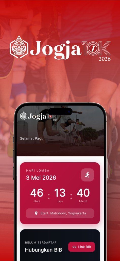 Tampilan aplikasi resmi Jogja 10K 2026 di smartphone